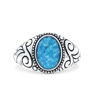 Filigree Vintage Style Lab Opal Ring Solid Oval Oxidized Lab Created Blue Opal 925 Sterling Silver